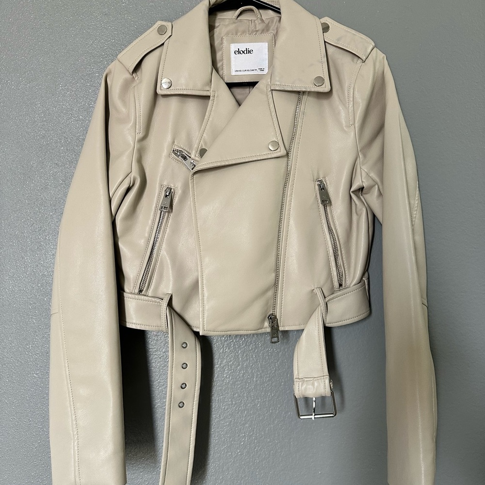 Elodie Beige Leather Biker Jacket